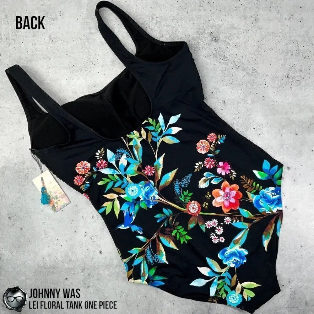 JOHNNY WAS LEI FLORAL TANK ONE PIECE PLUS SIZE 2X SWIMSUIT IN BLACK FLORAL NEW